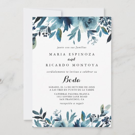 書道ミニマリストブルースペインのフローラ結婚ズ 招待状 (正面)