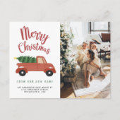 書道メリークリスマスツリー赤い車の移動 案内ポストカード (正面)