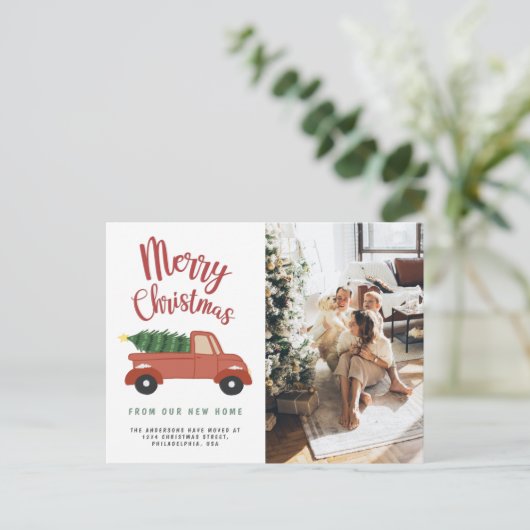 書道メリークリスマスツリー赤い車の移動 案内ポストカード (スタンド正面)
