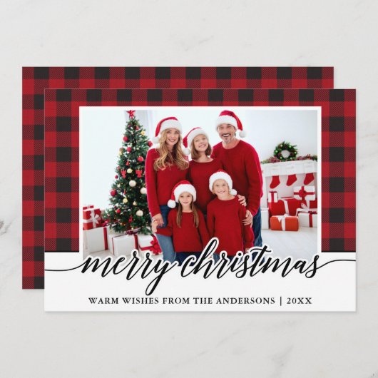 書道メリークリスマスファミリーフォトレッドプレイド シーズンカード (正面/裏面)