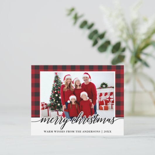 書道メリークリスマスファミリーフォトレッドプレイド ポストカード (スタンド正面)