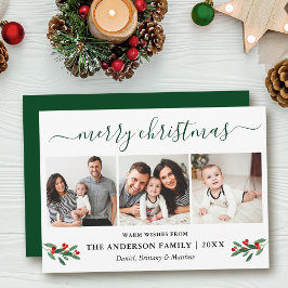 書道メリークリスマスホリー3フォトグリーン シーズンカード