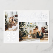 書道メリークリスマス2家族フォトシルバー 箔シーズンカード (正面)