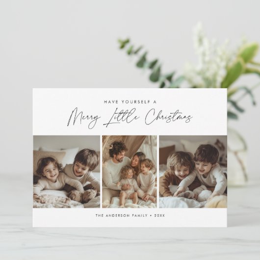 書道メリー小さなクリスマスの子供のおもしろい写真 シーズンカード (スタンド正面)