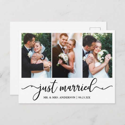 書道モダンたった今結婚しました結婚の3枚の写真 ポストカード (正面/裏面)