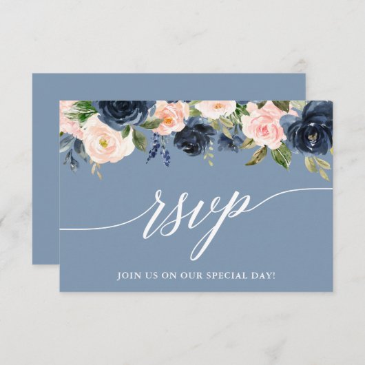 書道モダンほこりっぽいブルーピンクフローラ 出欠カード (正面/裏面)