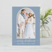 書道モダンクリスマス写真アーチほこりっぽい青 シーズンカード (スタンド正面)