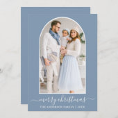 書道モダンクリスマス写真アーチほこりっぽい青 シーズンカード (正面/裏面)