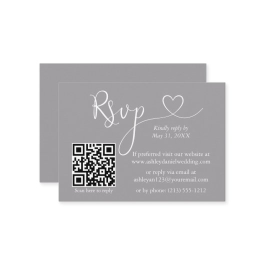 書道モダンハート結婚のQR RSVPグレー エンクロージャーカード (正面/裏面インサイチュ)