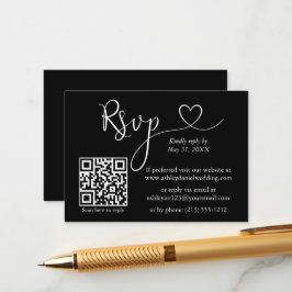 書道モダンハート結婚のQR RSVPブラック エンクロージャーカード