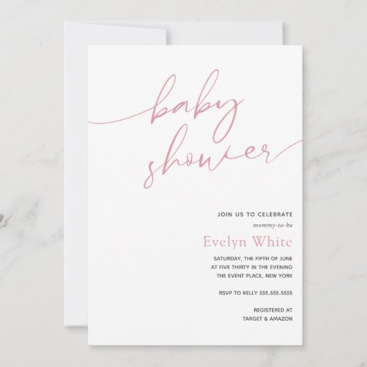 書道モダンピンクの女の子ベビーシャワー 招待状 (正面)