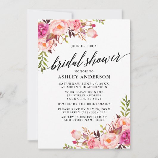 書道モダンピンク赤面フローラブライダルシャワー 招待状 (正面)