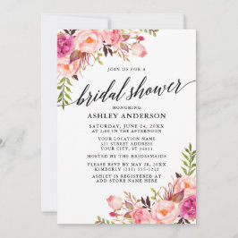 書道モダンピンク赤面フローラブライダルシャワー 招待状