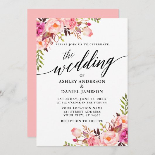 書道モダンフローラピンク赤面結婚ズ 招待状 (正面/裏面)