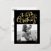 書道モダンブラック・メリークリスマス写真 箔シーズンポストカード (正面/裏面)