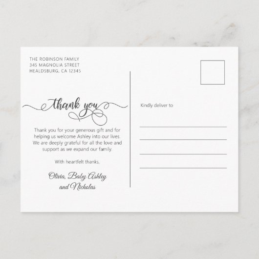 書道モダンベビー生まれたばかりの写真ありがとう ポストカード (裏面)