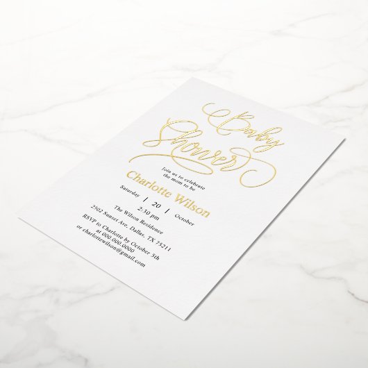 書道モダンミニマル赤ん坊シャワー 箔招待状 (回転した状態)