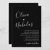 書道モダンモノグラムQRコードブラック結婚ズ 招待状 (正面/裏面)