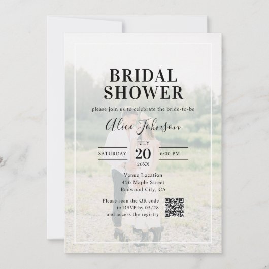 書道モダン写真QRコードブライダルシャワー 招待状 (正面)