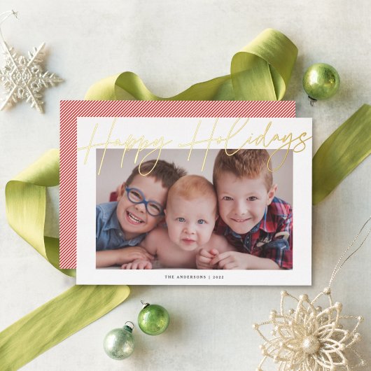 書道モダン台本ハッピーホリデー写真 箔シーズンカード