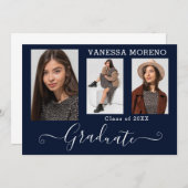 書道モダン台本3フォトブルー卒業 案内状 (正面/裏面)