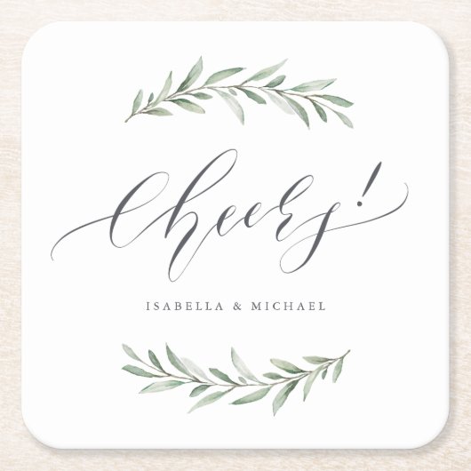 書道モダン応援素朴な結婚緑 スクエアペーパーコースター (正面)