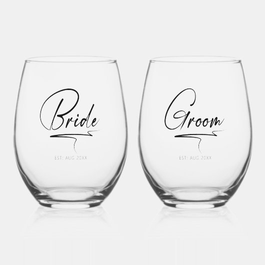 書道モダン新郎新婦ブラックID1025 ステムなしワイングラス (正面)