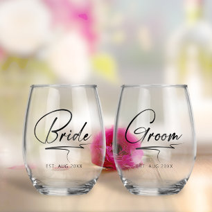 書道モダン新郎新婦ブラックID1025 ステムなしワイングラス