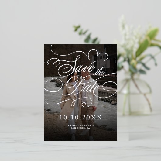 書道モダン時代を超越したシルバーセーブ・ザ・デート 箔シーズンポストカード (立ち正面)