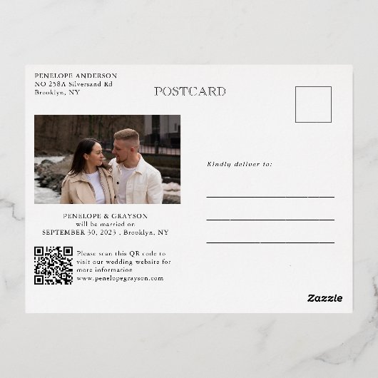 書道モダン時代を超越したシルバーセーブ・ザ・デート 箔シーズンポストカード (裏面)