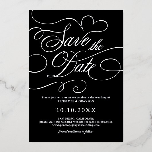 書道モダン時代を超越したシルバーセーブ・ザ・デート 箔招待状 (正面)