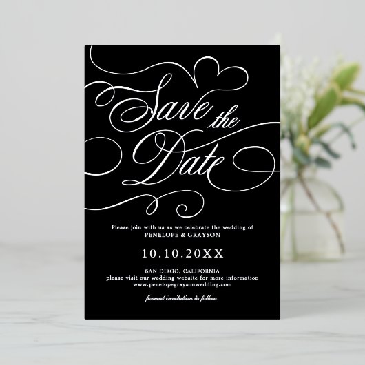 書道モダン時代を超越したシルバーセーブ・ザ・デート 箔招待状 (立ち正面)