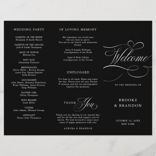 書道モダン時代を超越したブラックウェディングプログラム (正面)