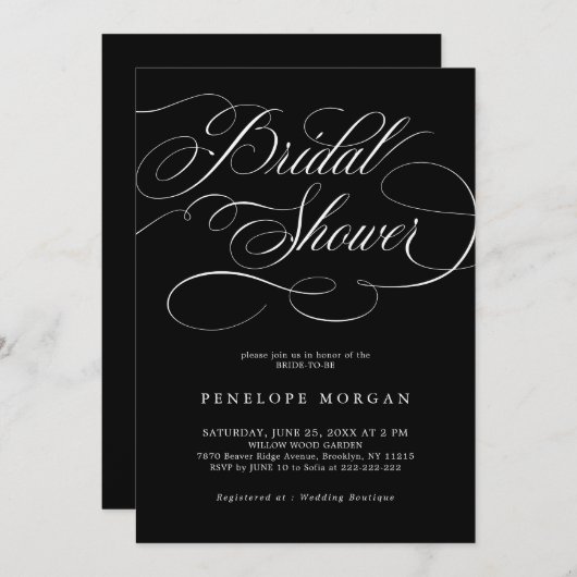 書道モダン時代を超越した黒ブライダルシャワー 招待状 (正面/裏面)
