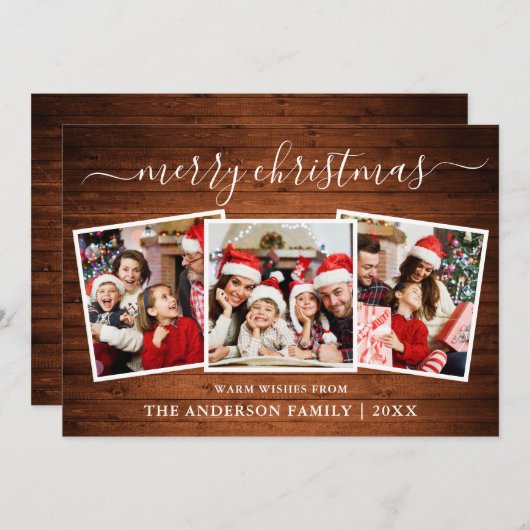 書道モダン木材3写真クリスマス シーズンカード (正面/裏面)