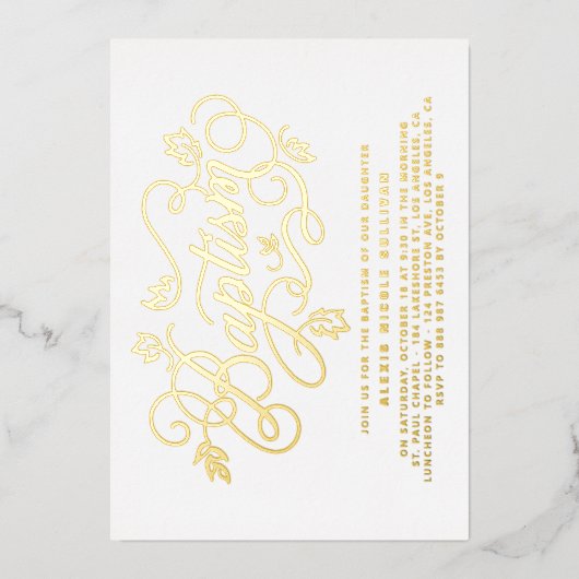 書道モダン葉レタリング洗礼 箔招待状 (正面)