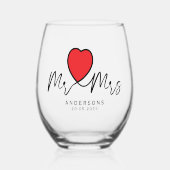 書道モダン赤いハートミセス結婚ズ ステムなしワイングラス (正面)