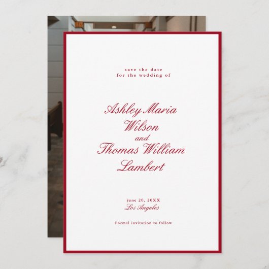 書道モダン赤い結婚式の日付を保存 招待状 (正面/裏面)