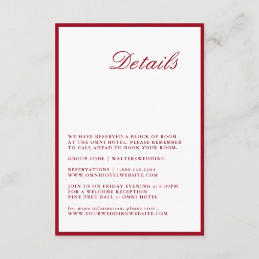 書道モダン赤の結婚詳細カード エンクロージャーカード (正面)