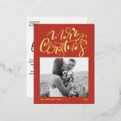 書道モダン赤メリークリスマスフォト 箔シーズンポストカード (正面/裏面)