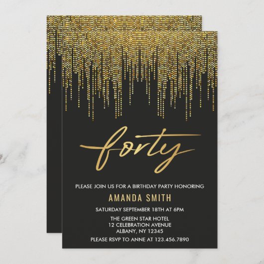 書道モダン金ゴールドと黒の40歳の誕生日 招待状 (正面/裏面)