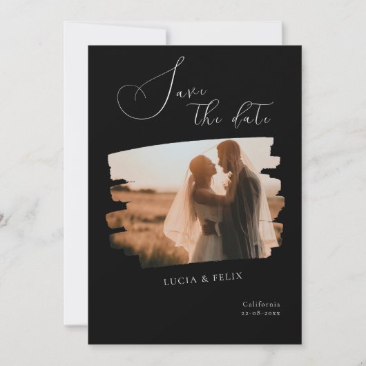 書道モダン黒写真日付の保存 招待状 (正面)