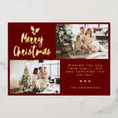 書道モダン2枚フォトコラージュ赤クリスマス 箔シーズンカード (正面)