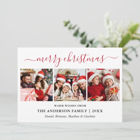 書道モダン3写真赤メリークリスマス シーズンカード (スタンド正面)