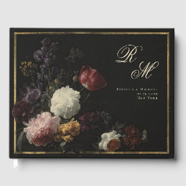 書道モノグラムブラックロマンチックな花 ゲストブック