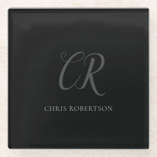 書道モノグラム名ブラックグレーカスタムギフト ガラスコースター (正面)