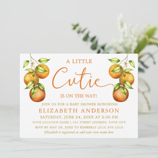 書道リトルかわいこちゃん赤ちゃんシャワーオレンジ金ゴールド 招待状 (スタンド正面)