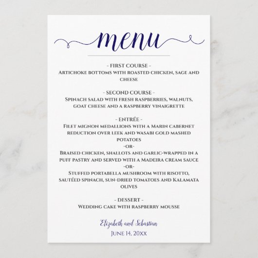 書道レースのようネイビーブルー&ホワイト結婚ズ メニュー (正面)