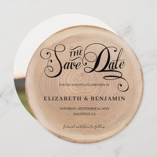 書道丸い写真素朴木材の日付を保存 招待状 (正面/裏面)