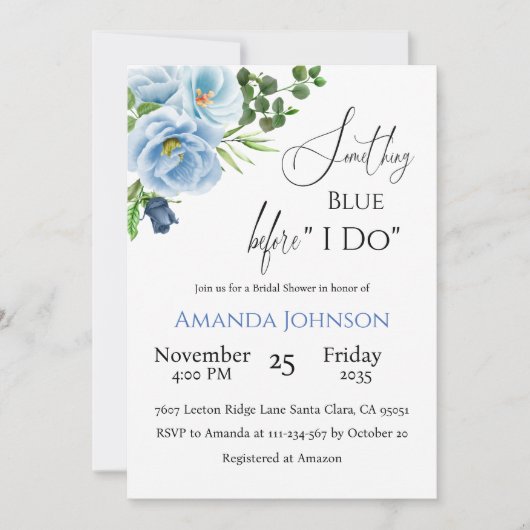 書道何か青いフローラブライダルシャワー 招待状 (正面)